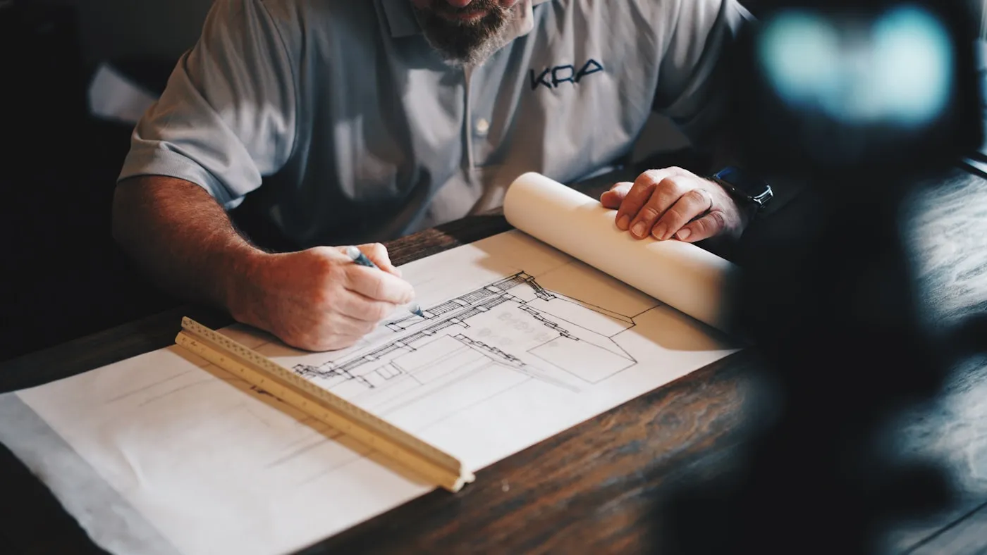 Profissional trabalhando com desenhos e materiais de arquitetura